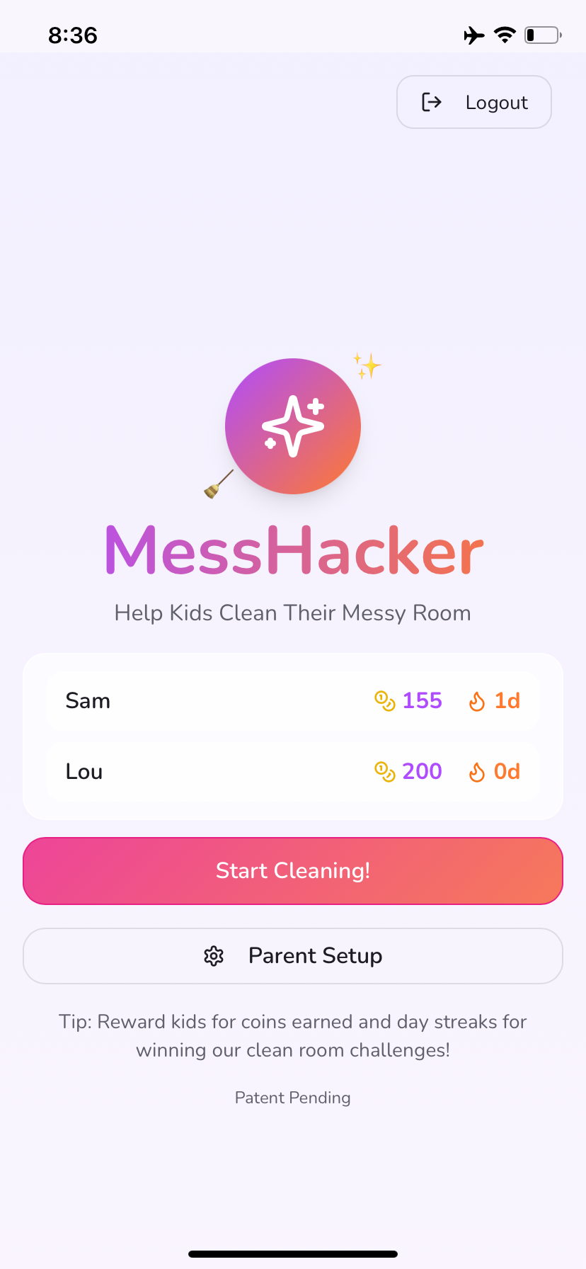 MessHacker home screen with Sam and Lou's coins and day streaks