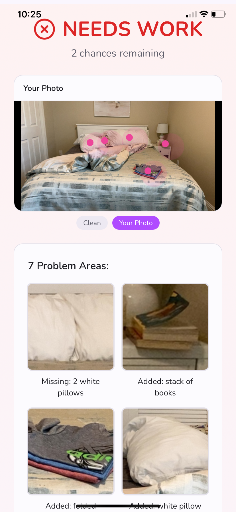MessHacker AI flagging 7 problem areas in a bedroom photo